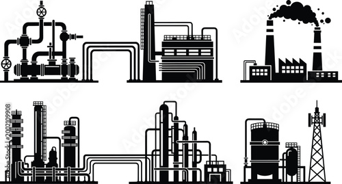 Industrial factory pipeline and refinery icon set, petrochemical plant silhouettes collection, oil and gas industry infrastructure, energy production systems, 
