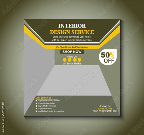 Promotional graphic for an interior design service, offering a 50% sale and encouraging 'Shop Now' and social media follows. Ideal for marketing and advertising.