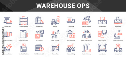 WAREHOUSE OPS  Icon set collection. Vector icon pack featuring thematic icons for your presentations or business.