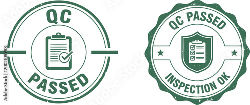 QC Passed Stamp Badge Set for Quality Control and Inspection Approval in Green Vector Design