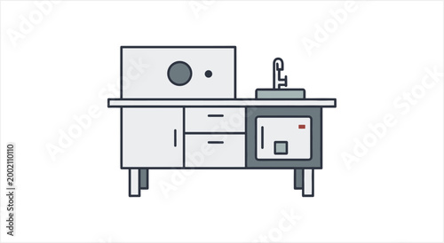 Modern kitchen counter with sink and microwave appliance.