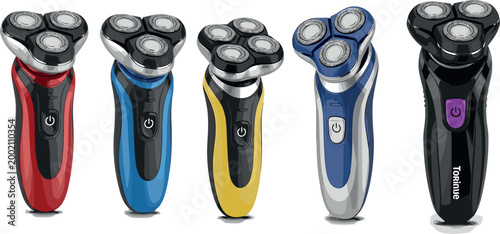 Set of 5 Electric Shavers in Various Colors Including Red, Blue, Yellow, Black, and Silver, Ideal for Personal Care and Grooming Designs