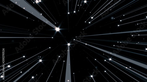 Beams of light rays and stars floating in space black background