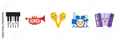Kawaii Musical Instruments Vector Set with Smiling Faces, Piano, Trumpet, Maracas, Drums and Accordion Icons for Music Education and Hobby Concept