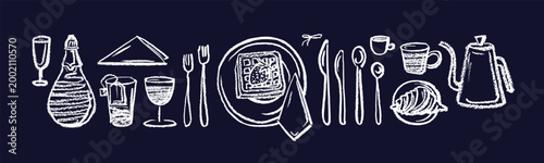 Hand drawn food sketch featuring coffee, croissant and cutlery on restaurant plate with vector chalk style line art and retro doodle element. Morning breakfast, waffle with strawberries on cafe table