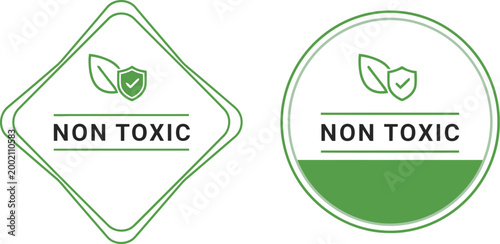 Non Toxic Label Icons with Green Leaf and Shield for Eco Friendly Product Packaging and Safety Certification