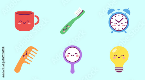 Set of Cute Kawaii Morning Routine Icons with Happy Faces, Coffee Cup, Toothbrush, Alarm Clock, Comb, Mirror and Light Bulb Vector Symbols