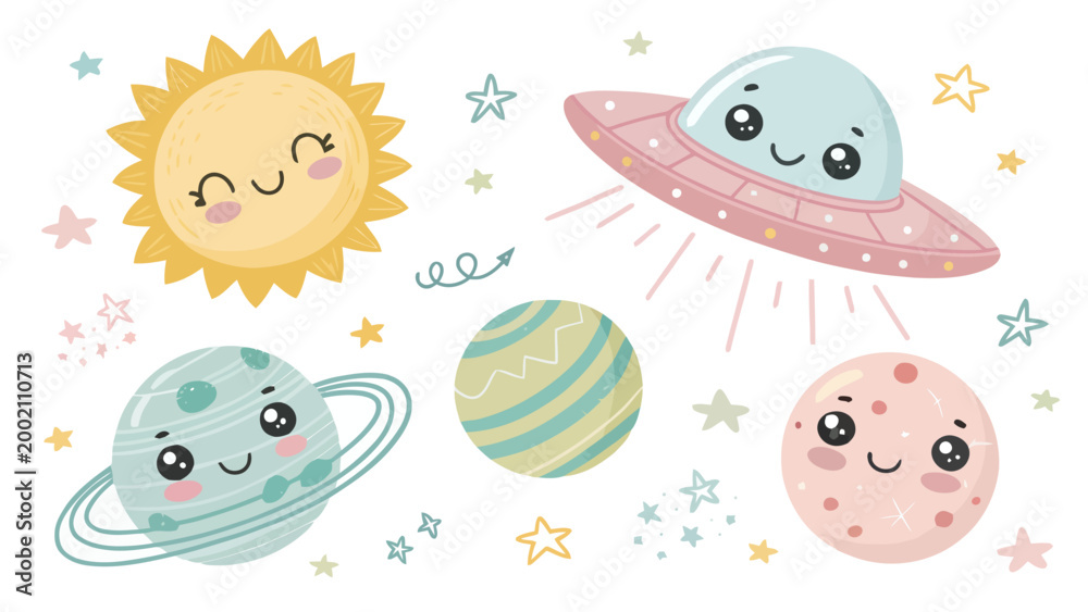 Fototapeta premium Cute space set with smiling sun, planet with rings, pink planet, and ufo spaceship, cartoon vector illustration