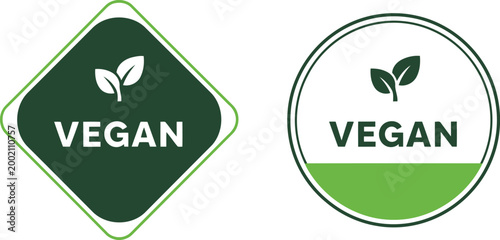 Vegan label icons with green leaves for organic, plant-based, eco-friendly food packaging and product branding