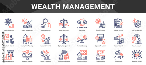 WEALTH MANAGEMENT  Icon set collection. Vector icon pack featuring thematic icons for your presentations or business.