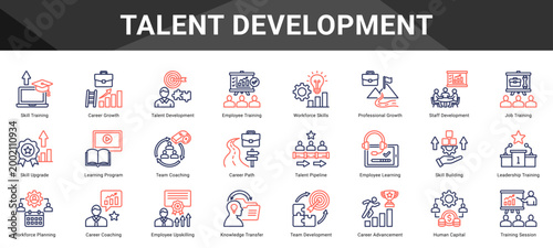 TALENT DEVELOPMENT  Icon set collection. Vector icon pack featuring thematic icons for your presentations or business.