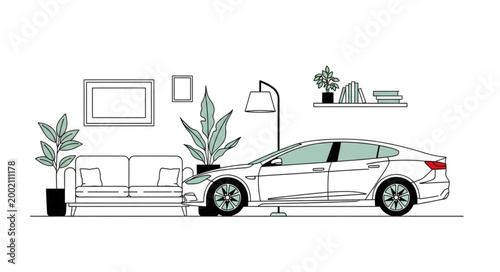 Foto Modern Sedan Car Inside a Stylish Living Room Interior.
