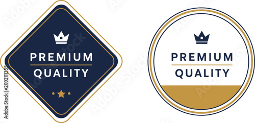 Premium Quality Badge Set with Crown Icon, Modern Blue and Gold Label Design for Branding and Packaging