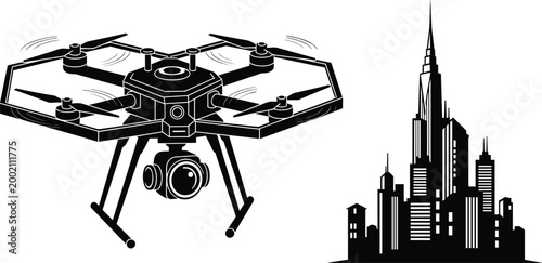 Vector Illustration of a Drone Flying Over a City Skyline for Technology, Aerial Photography, and Urban Concepts