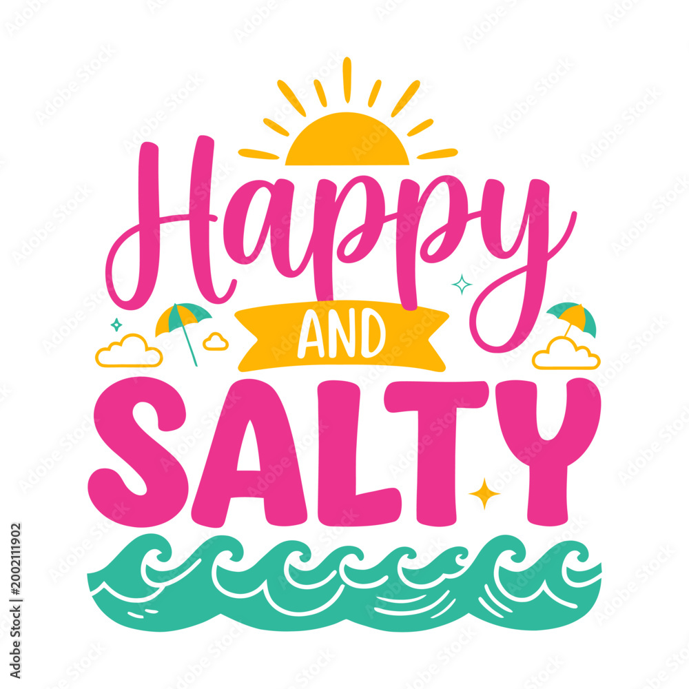 Obraz premium Happy and Salty Summer Beach Vacation Typography with Waves and Palm