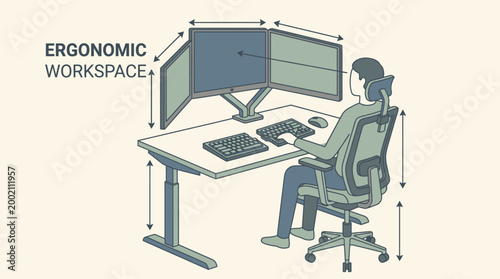 Ergonomic workspace setup with dual monitors and adjustable desk