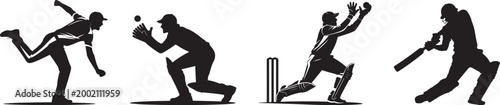 Cricket players in various actions on white background  bowling catching batting running