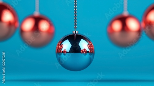 A close-up of a Newton's cradle with metallic spheres suspended, demonstrating the principles of motion and energy transfer against a blue background.