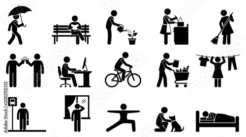 Diverse stick figure vector illustrations showcase various daily life activities and hobbies in a simple graphic style