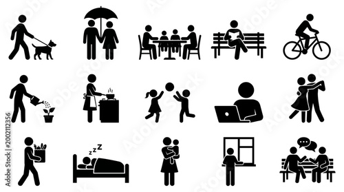 Diverse black silhouette vector icons illustrating various daily human activities and lifestyle concepts in a clean, isolated graphic design.