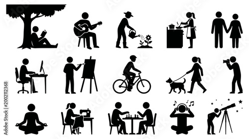 A comprehensive vector illustration showcasing diverse people engaging in various relaxing leisure activities and enjoyable hobbies for lifestyle, wellness, and recreation design projects.