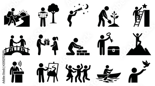 A comprehensive vector graphic illustration showcasing diverse human activities, positive concepts, and personal achievements through a collection of simple silhouette icons.