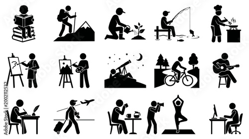 This vector graphic illustration features a diverse collection of silhouette stick figures engaged in various popular hobbies, leisure, and everyday activities.