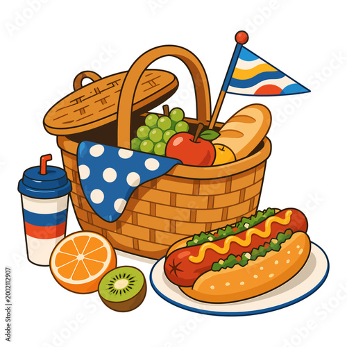 Fourth of July Picnic Basket with Hot Dog and Fruit Illustration