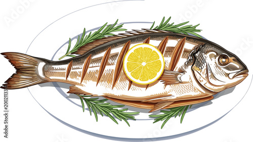 Vector Illustration of Grilled Fish on a Plate with Lemon and Rosemary Garnish for Seafood, Healthy Eating, and Culinary Concepts