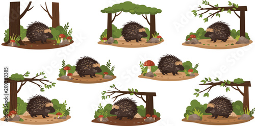 Tableau sur toile Porcupine In Natural Forest Habitat With Trees Mushrooms And Plants Vector Illus