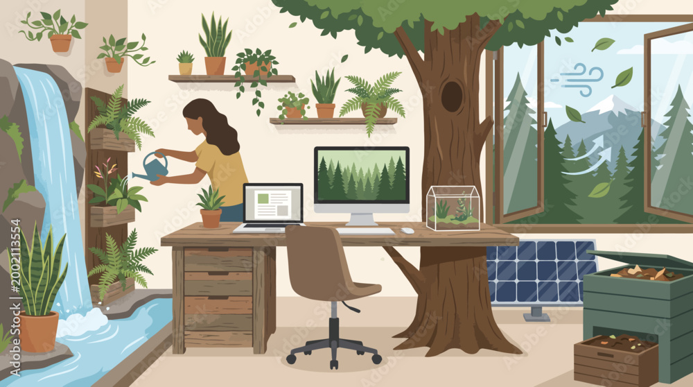 Fototapeta premium Woman watering plants in eco friendly office space