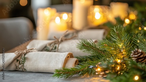 Elegant Christmas Table Setting with Rolled Napkins, Pine Branches, and Soft Candlelight for Festive Gatherings