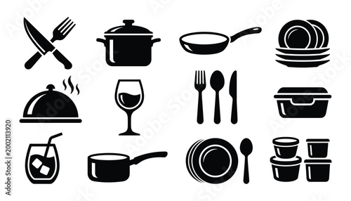 Black silhouette kitchen utensils and dinnerware collection for culinary arts
