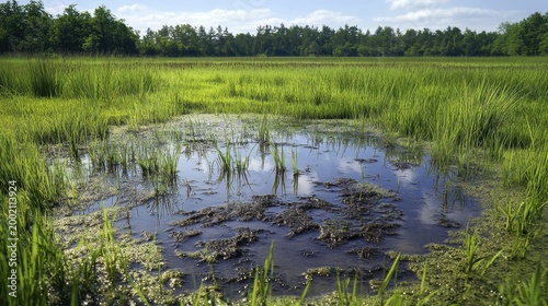 Abstract patterns of agricultural runoff creating murky, polluted water in a vibrant marshland ecosystem under daylight