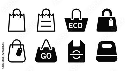 Black and white shopping bag icons set diverse styles for retail and ecology