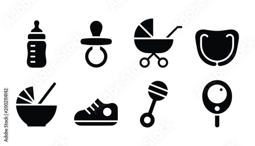 Baby essentials icon set bottles pacifiers strollers and more