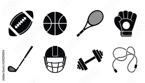 Sports equipment collection a black and white icon set for various athletic activities