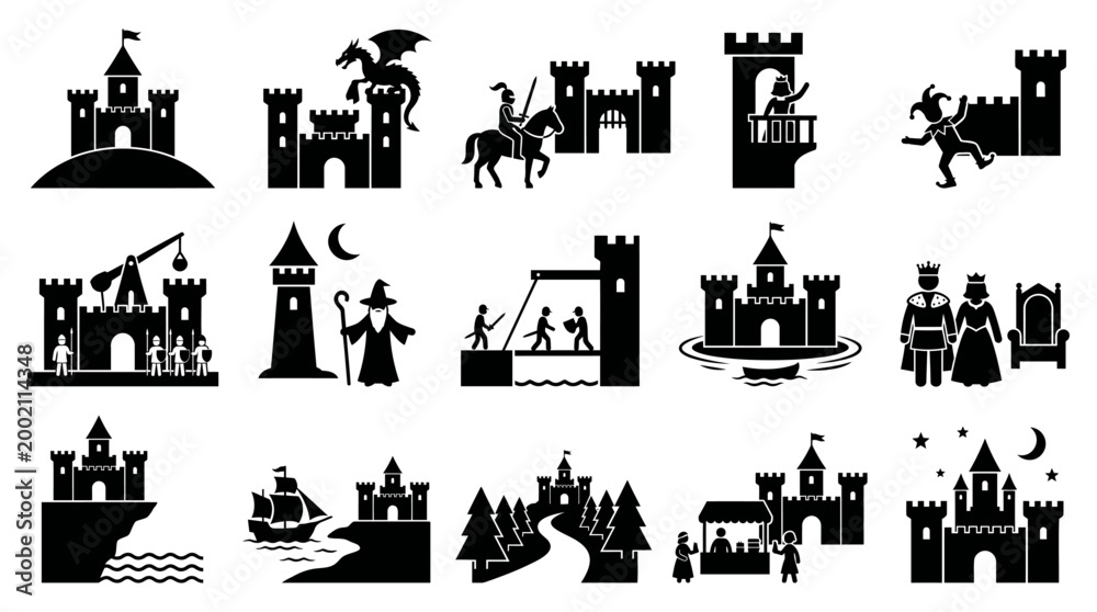 Fototapeta premium Collection of medieval fantasy castle illustrations featuring dragons, knights, royalty, and various architectural styles, perfect for storybook design