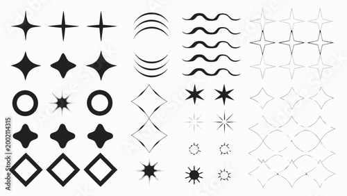 collection of abstract geometric shapes and line art elements on white background