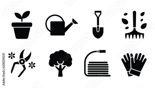 Gardening tools and plants black silhouettes a comprehensive set for horticulture