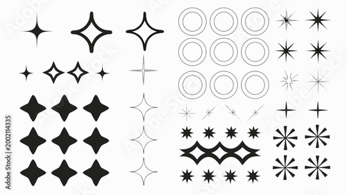 collection of abstract star and geometric shapes black and white