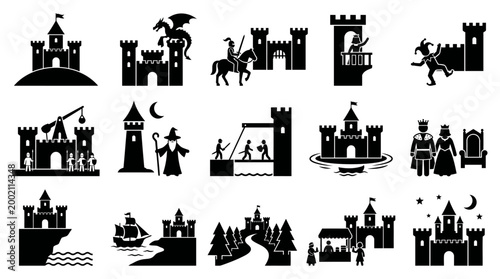 Collection of medieval fantasy castle illustrations featuring dragons, knights, royalty, and various architectural styles, perfect for storybook design