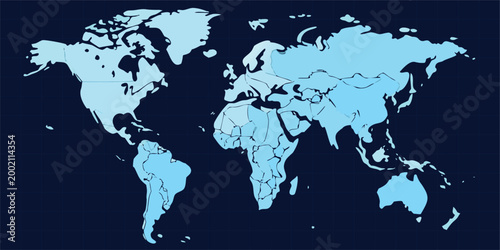 World map illustration in light blue stylized continental outlines on dark background