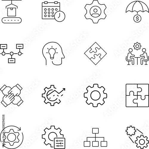 Business strategy planning development operations vector icons, gear, puzzle, calendar, lightbulb, chart, teamwork, conveyor, umbrella