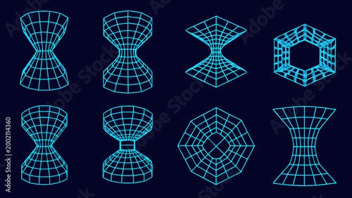 blue wireframe geometric shapes 3d render collection on dark background