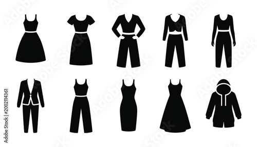 Black silhouette collection of women's fashion outfits and garments