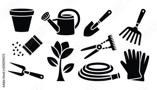 Gardening tools silhouette collection essential equipment for plant care and yard work
