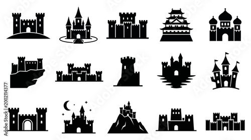Collection of diverse medieval and fantasy castle vector illustrations showcasing architectural styles and defensive structures for graphic design purposes