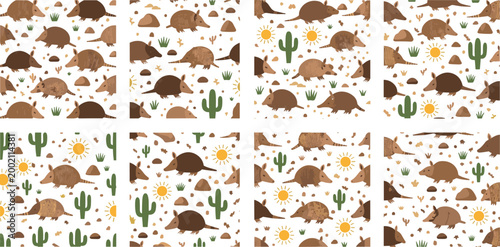 Seamless Pattern With Armadillo Cactus Sun Desert Southwest Wild Animal Vector Illustration Set