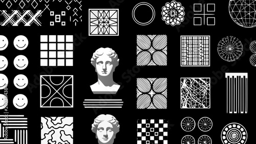 collection of abstract geometric shapes and classical bust illustrations in black and white